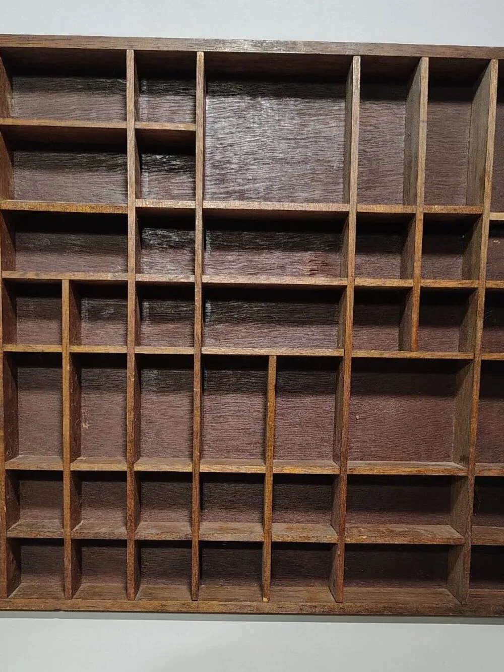 Vtg Knick Knack Miniatures Display Shelf 49 Slot Shadow Box Trinkets 18” x 20”